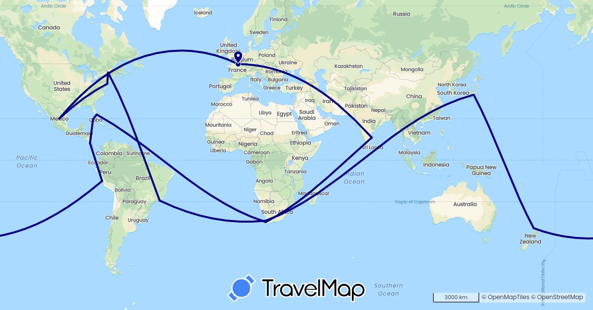 TravelMap itinerary: driving in Brazil, Canada, Costa Rica, Cuba, France, India, Japan, Mexico, New Zealand, Peru, Thailand, United States, South Africa (Africa, Asia, Europe, North America, Oceania, South America)